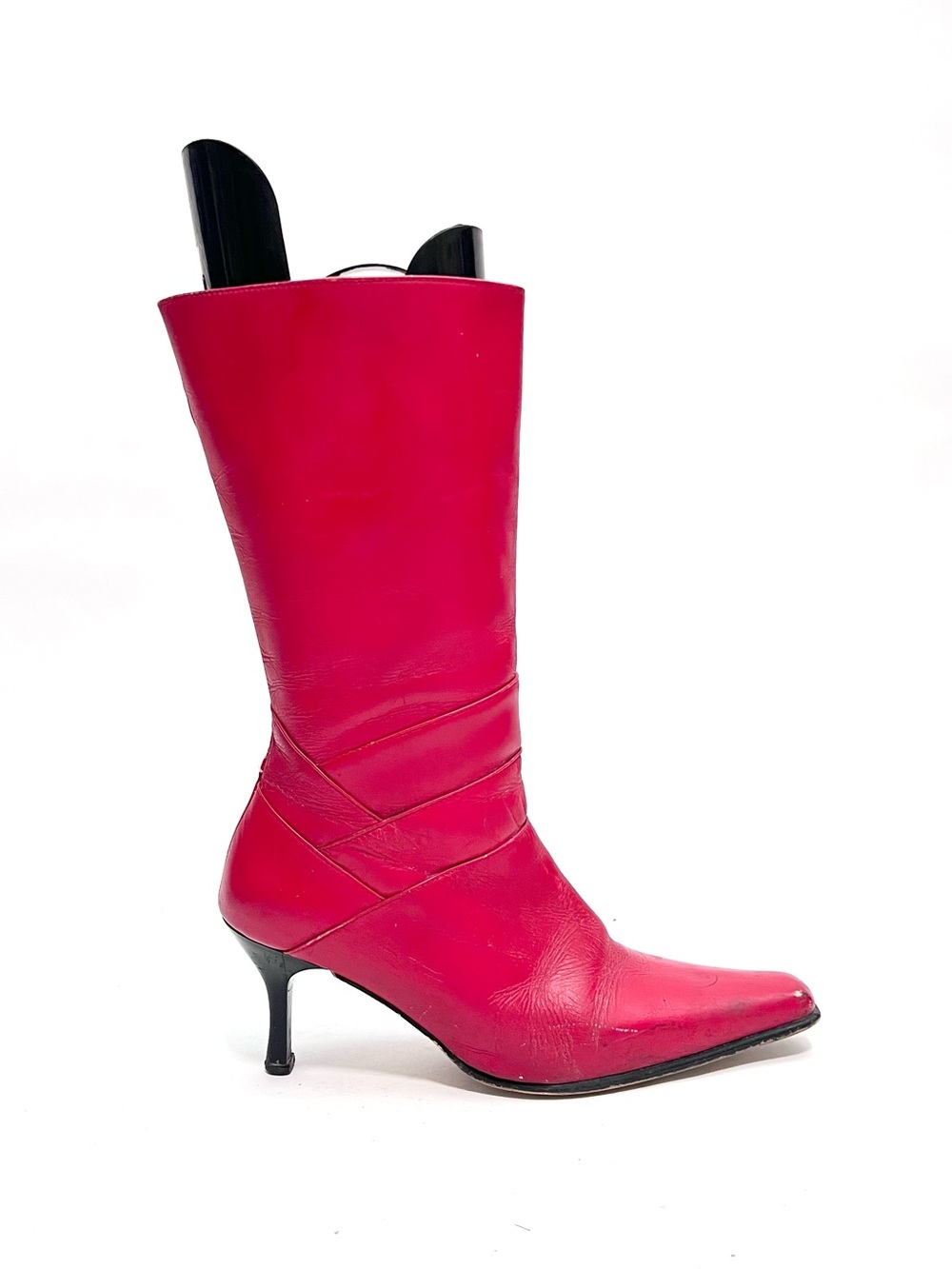 Vintage 1980s lipstick red leather extended square toe mid calf stiletto boots